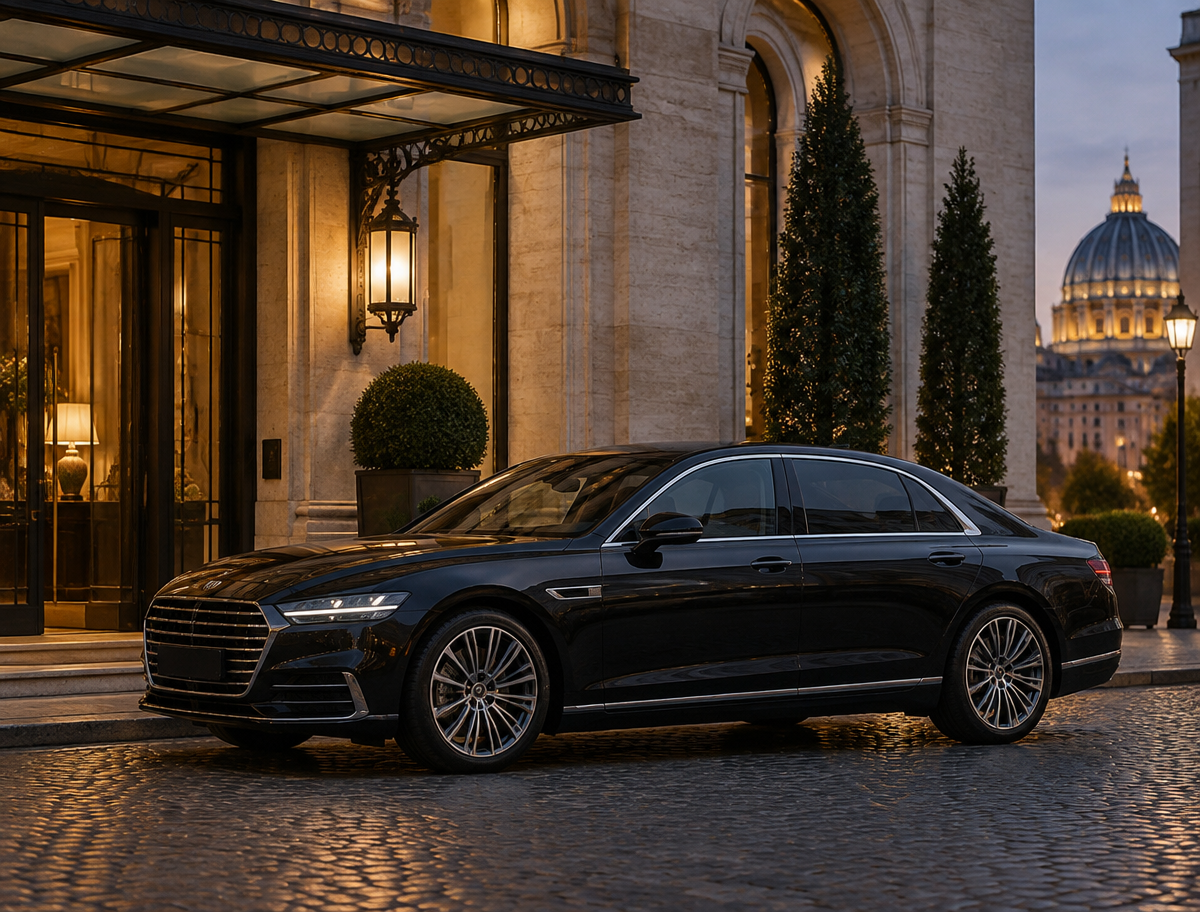 Audi A8 con autista NCC davanti a un hotel del centro di Roma